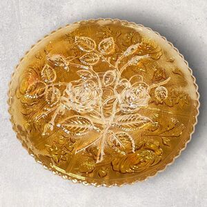 Imperial Open Rose Amber Carnival Glass Cake Plate 10.5 Inch Serving Platter